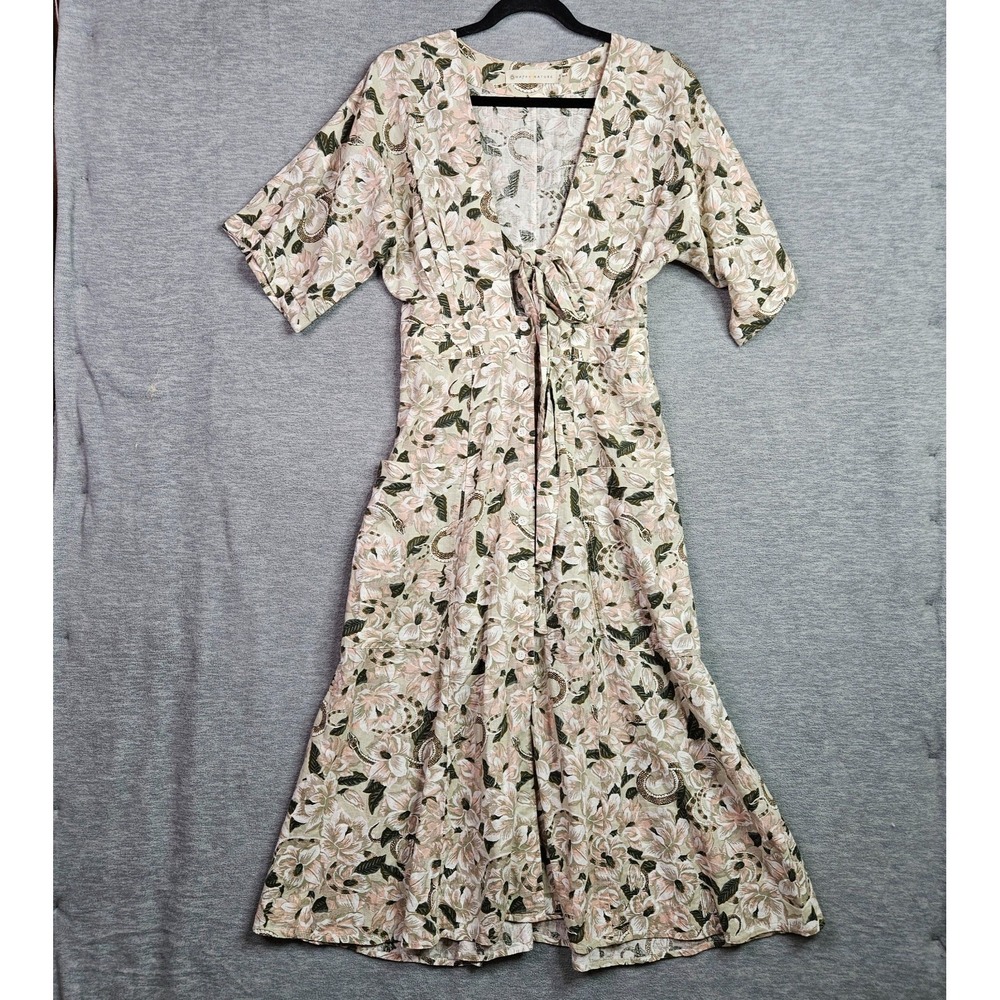 Happy Nature Women 2 Floral Button Front Midi Dress Tie Waist Boho Cottagecore